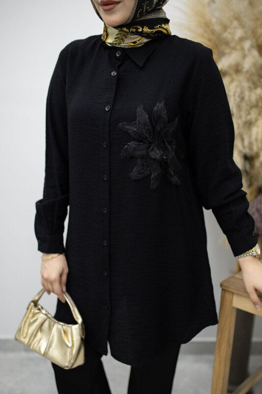 Çiçek Detaylı Gömlek TSD260193 Siyah - 4
