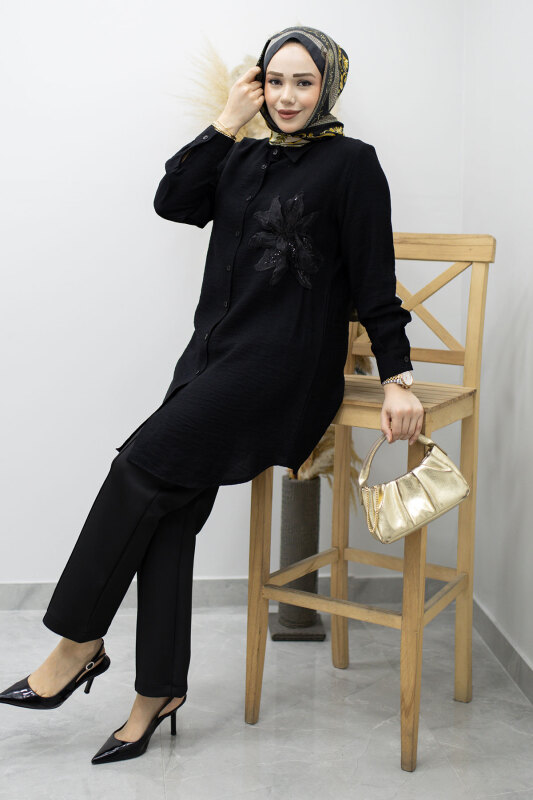 Çiçek Detaylı Gömlek TSD260193 Siyah - 5