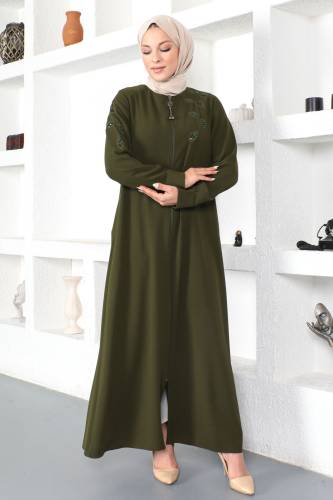 Çiçek İşlemeli Tesettür Ferace TSD230329 Haki - 4