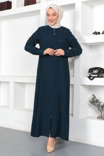 Çiçek İşlemeli Tesettür Ferace TSD230329 İndigo 