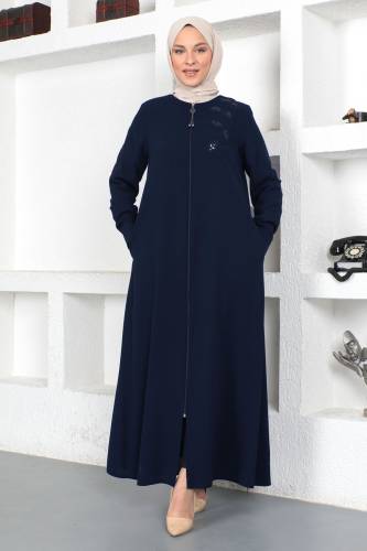 Çiçek İşlemeli Tesettür Ferace TSD230329 Lacivert 