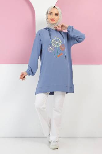 Çiçek İşlemeli Tunik TSD220414 Mavi - Tesettür Dünyası