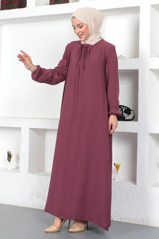 Yakası Bağlamalı Elbise TSD230420 Mürdüm - 4