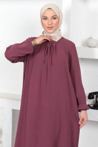 Yakası Bağlamalı Elbise TSD230420 Mürdüm - 2