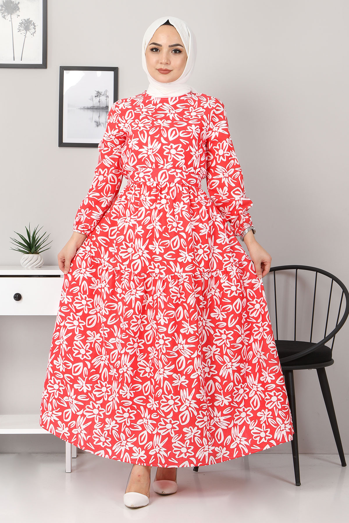 Tesettür Dünyası - Çiçekli Kloş Elbise TSD4415 Kırmızı