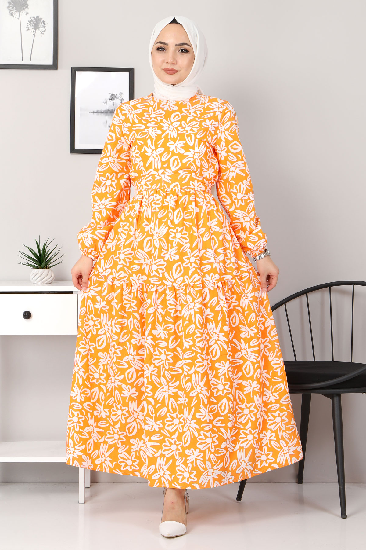 Tesettür Dünyası - Çiçekli Kloş Elbise TSD4415 Turuncu