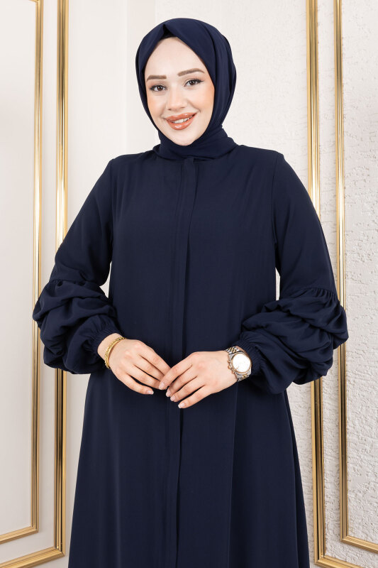 Çift Balon Kol Detaylı Eteği Volanlı Ferace TSD250135 Lacivert - Tesettür Dünyası (1)