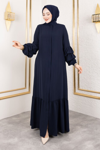 Çift Balon Kol Detaylı Eteği Volanlı Ferace TSD250135 Lacivert - Tesettür Dünyası