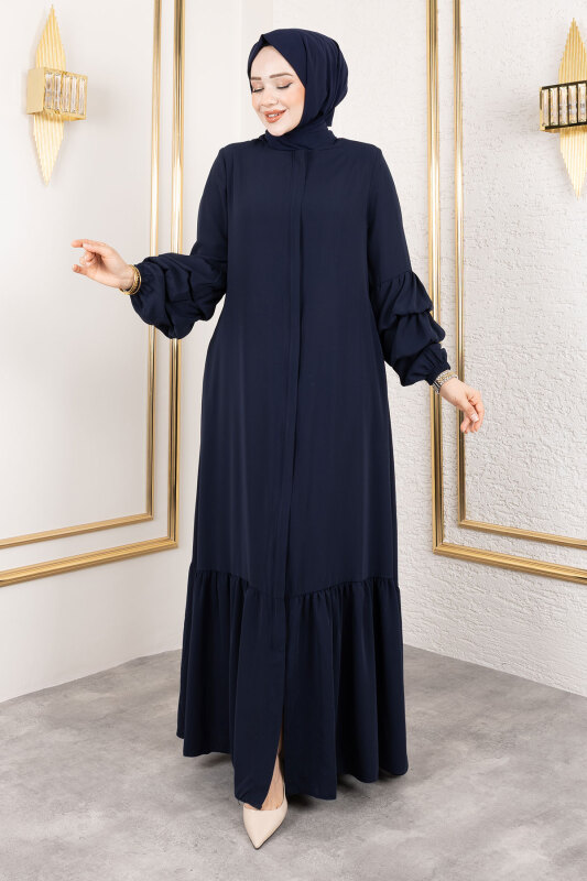 Çift Balon Kol Detaylı Eteği Volanlı Ferace TSD250135 Lacivert - Tesettür Dünyası