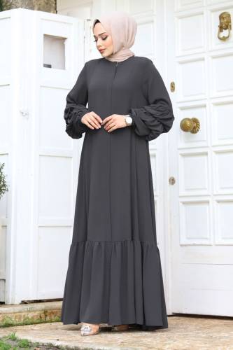 Çift Balon Kol Detaylı Eteği Volanlı Tesettür Ferace TSD240247 Antrasit 