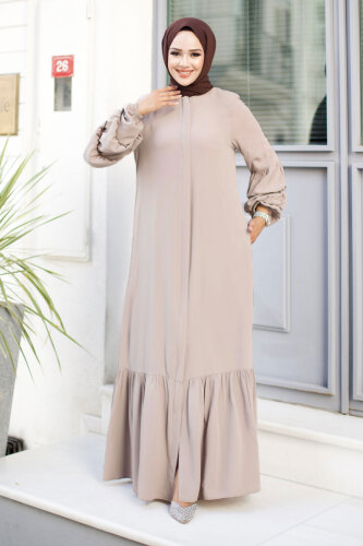 Çift Balon Kol Detaylı Eteği Volanlı Tesettür Ferace TSD240247 Bej 