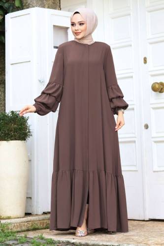 Çift Balon Kol Detaylı Eteği Volanlı Tesettür Ferace TSD240247 Kahverengi 