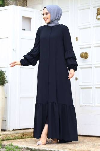 Çift Balon Kol Detaylı Eteği Volanlı Tesettür Ferace TSD240247 Lacivert 
