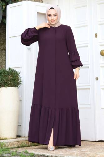 Çift Balon Kol Detaylı Eteği Volanlı Tesettür Ferace TSD240247 Mürdüm 