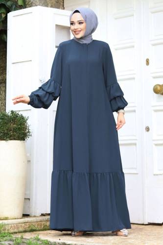 Çift Balon Kol Detaylı Eteği Volanlı Tesettür Ferace TSD240247 Petrol 