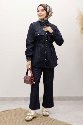 Çift Cepli Beli Bağlamalı Kot Takım TSD250249 Koyu Mavi - TESETTÜR DÜNYASI