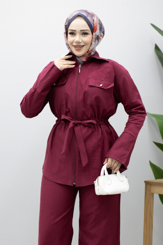 Çift Cepli Beli Büzgülü İkili Takım TSD260202 Fuşya - Tesettür Dünyası (1)