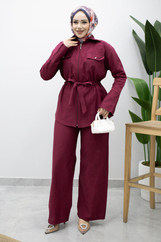 Çift Cepli Beli Büzgülü İkili Takım TSD260202 Fuşya - 3