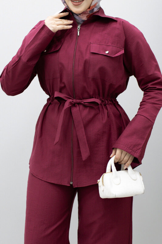 Çift Cepli Beli Büzgülü İkili Takım TSD260202 Fuşya - 4