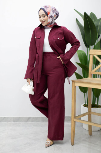 Çift Cepli Beli Büzgülü İkili Takım TSD260202 Fuşya - 5