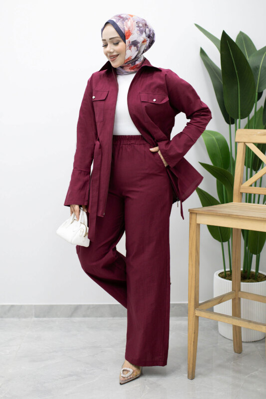 Çift Cepli Beli Büzgülü İkili Takım TSD260202 Fuşya - 5