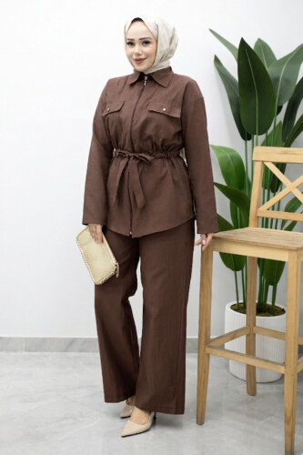 Çift Cepli Beli Büzgülü İkili Takım TSD260202 Kahverengi 