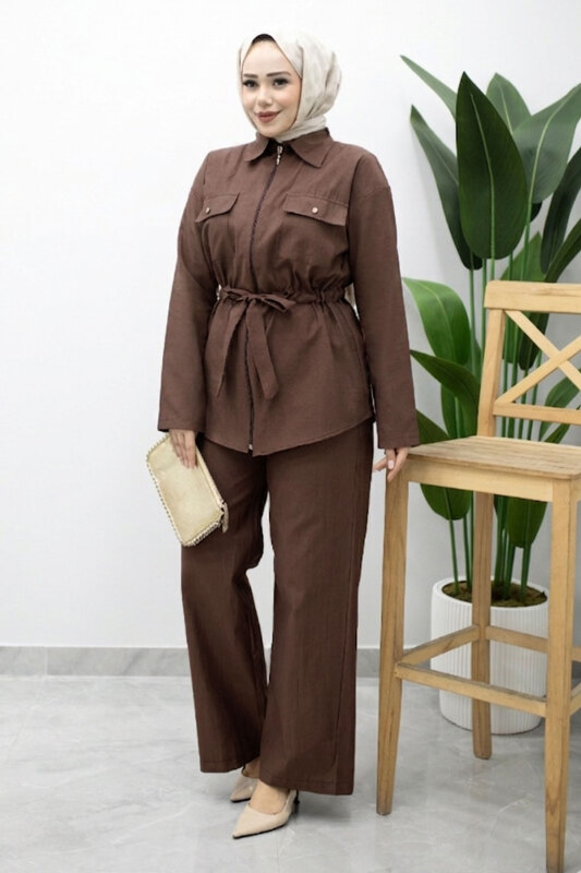 Çift Cepli Beli Büzgülü İkili Takım TSD260202 Kahverengi - Tesettür Dünyası
