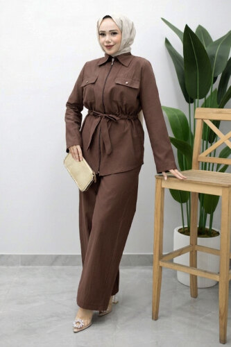 Çift Cepli Beli Büzgülü İkili Takım TSD260202 Kahverengi - 4