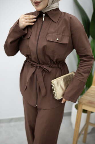 Çift Cepli Beli Büzgülü İkili Takım TSD260202 Kahverengi - 5