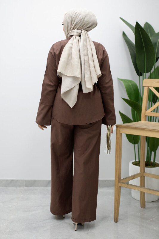 Çift Cepli Beli Büzgülü İkili Takım TSD260202 Kahverengi - 6