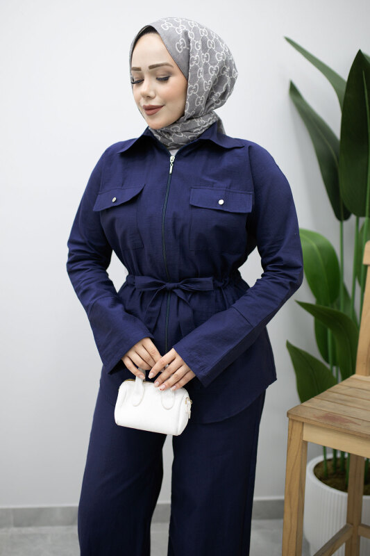 Çift Cepli Beli Büzgülü İkili Takım TSD260202 Lacivert - Tesettür Dünyası (1)