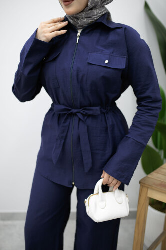 Çift Cepli Beli Büzgülü İkili Takım TSD260202 Lacivert - 4