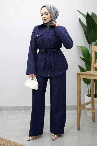 Çift Cepli Beli Büzgülü İkili Takım TSD260202 Lacivert 