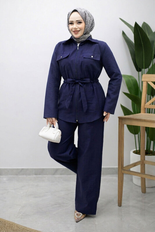 Çift Cepli Beli Büzgülü İkili Takım TSD260202 Lacivert - 3
