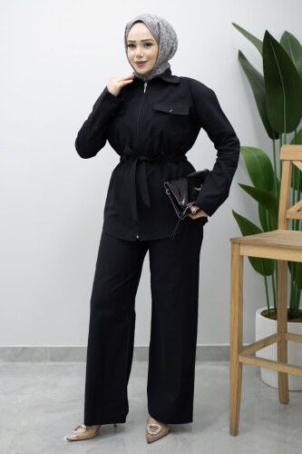 Çift Cepli Beli Büzgülü İkili Takım TSD260202 Siyah - 1