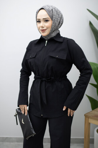 Çift Cepli Beli Büzgülü İkili Takım TSD260202 Siyah - 2