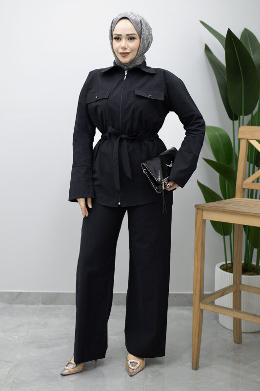 Çift Cepli Beli Büzgülü İkili Takım TSD260202 Siyah - 5