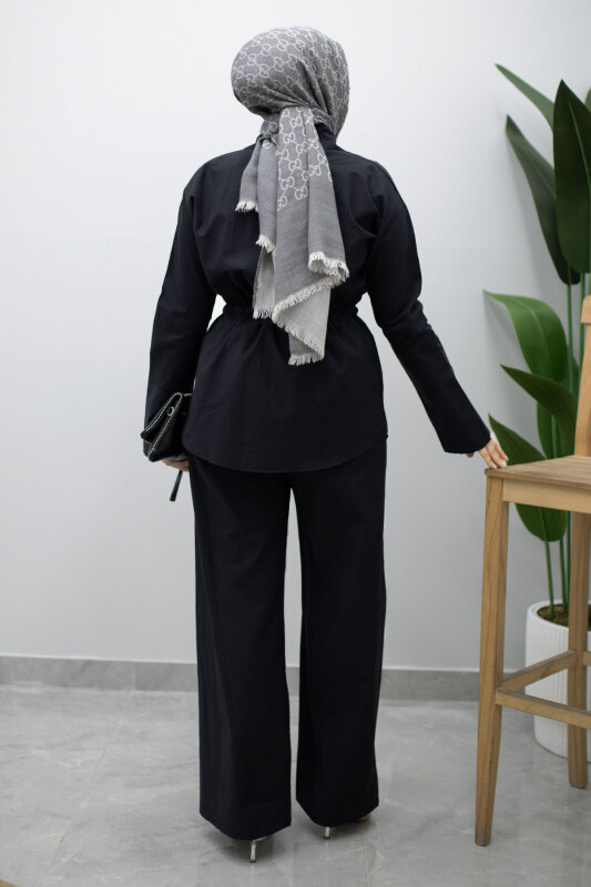 Çift Cepli Beli Büzgülü İkili Takım TSD260202 Siyah - 6