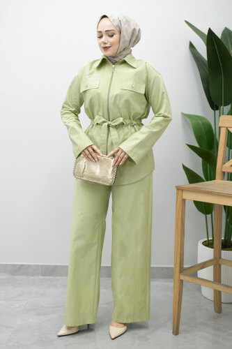 Çift Cepli Beli Büzgülü İkili Takım TSD260202 Yeşil 