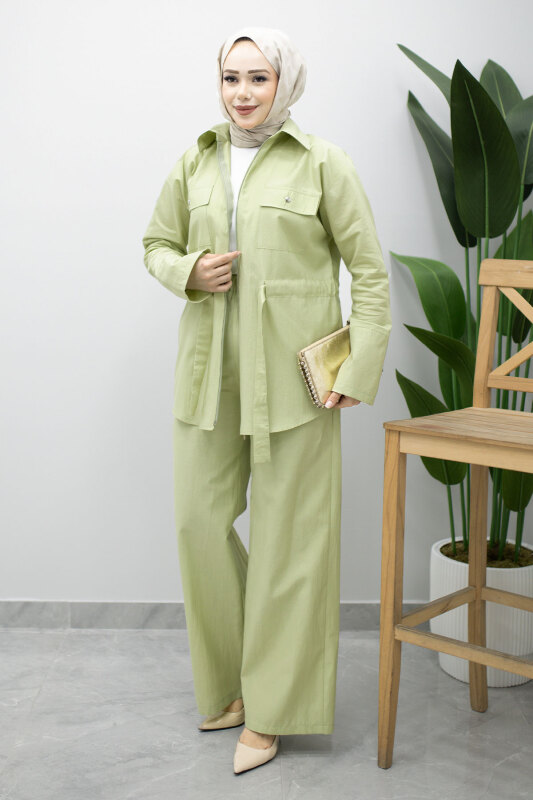 Çift Cepli Beli Büzgülü İkili Takım TSD260202 Yeşil - 3