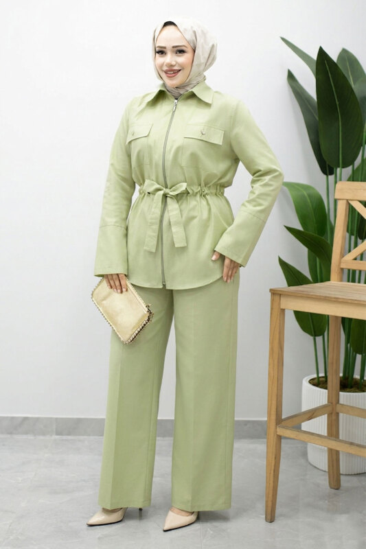 Çift Cepli Beli Büzgülü İkili Takım TSD260202 Yeşil - 5