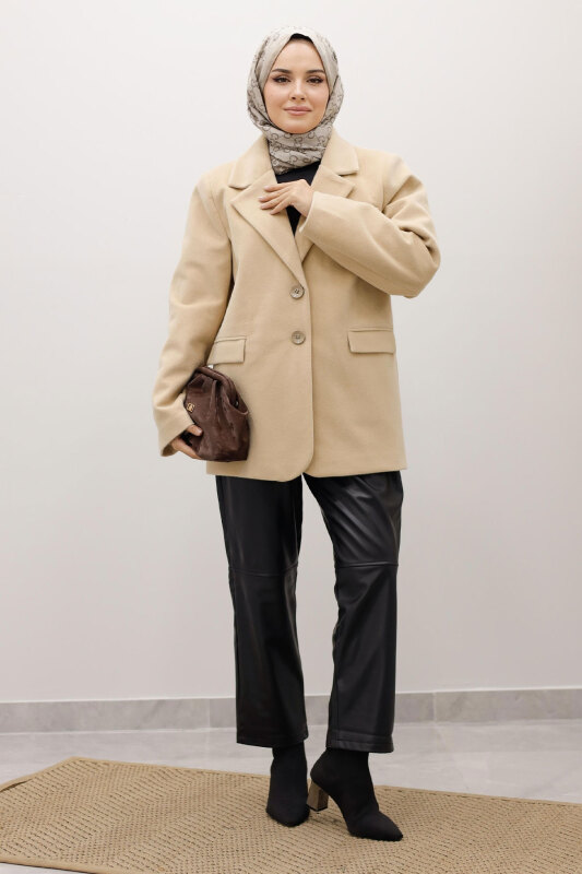 Çift Düğmeli Alpaka Fox Ceket TSD250244 Bej - TESETTÜR DÜNYASI