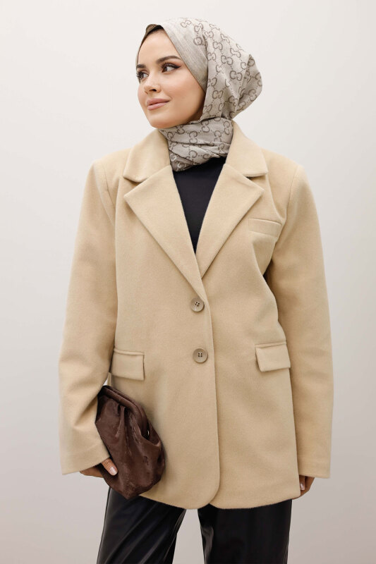 Çift Düğmeli Alpaka Fox Ceket TSD250244 Bej - TESETTÜR DÜNYASI (1)