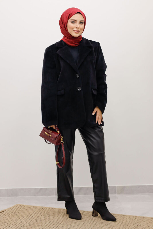 Çift Düğmeli Alpaka Fox Ceket TSD250244 Siyah - TESETTÜR DÜNYASI