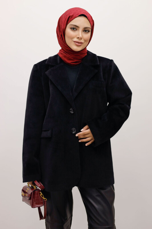 Çift Düğmeli Alpaka Fox Ceket TSD250244 Siyah - TESETTÜR DÜNYASI (1)