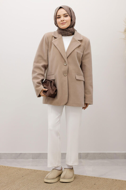 Çift Düğmeli Alpaka Fox Ceket TSD250244 Vizon - TESETTÜR DÜNYASI