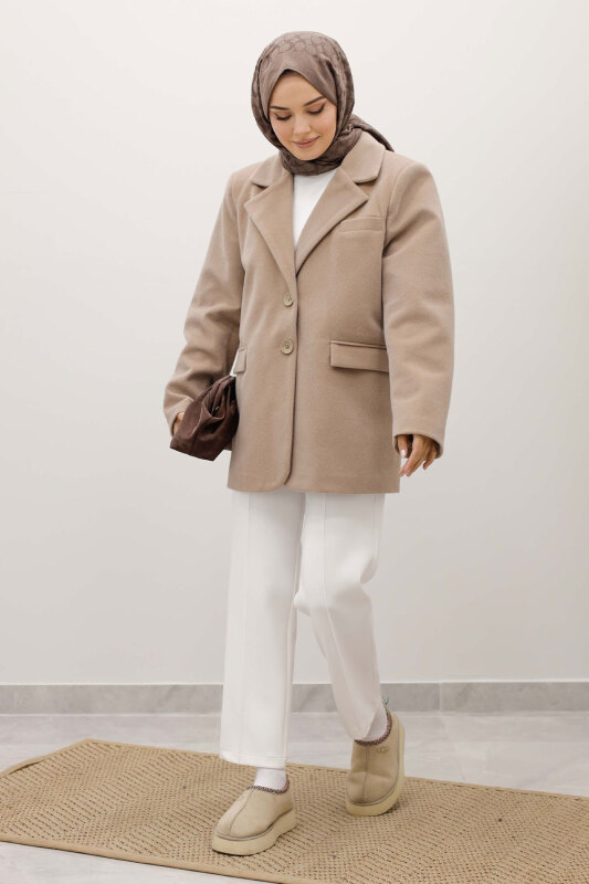 Çift Düğmeli Alpaka Fox Ceket TSD250244 Vizon - TESETTÜR DÜNYASI (1)