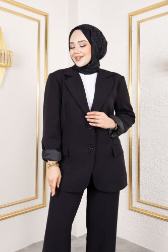 Çift Düğmeli Blazer Takım TSD250156 Siyah - Tesettür Dünyası (1)