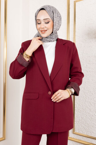 Kruvaze Yaka Blazer Takım TSD250118 Bordo - 2
