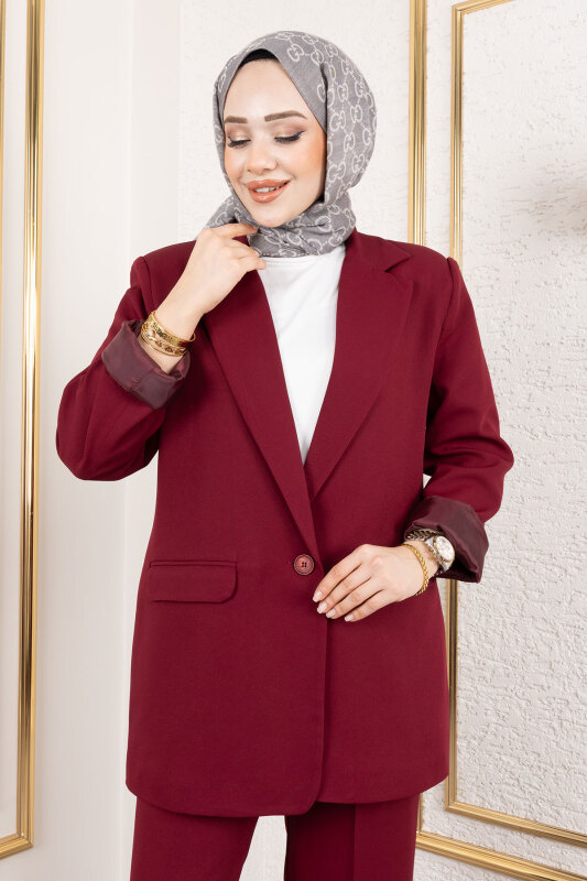 Kruvaze Yaka Blazer Takım TSD250118 Bordo - 2